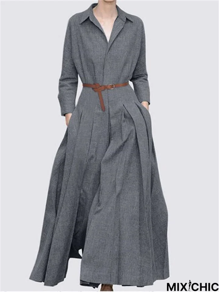 Belt-Free Solid Color Loose Long Sleeve Lapel Casual Dress