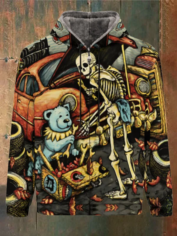 Unisex Skull Print Double Layer Fleece Zip-Up Hooded Jacket