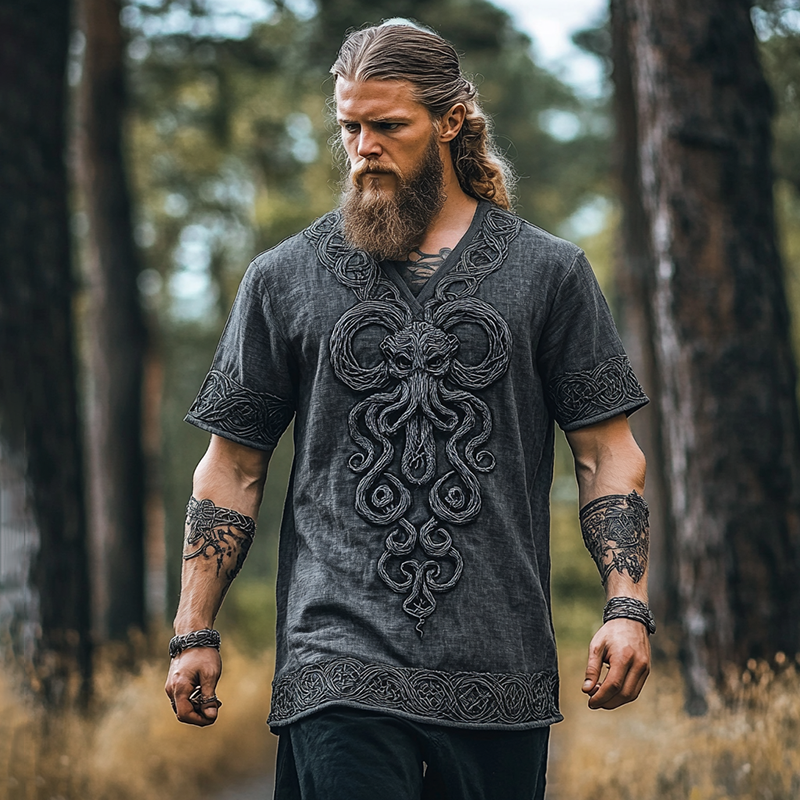 Men's Vintage Cthulhu Celtic Linen V-neck T-shirt