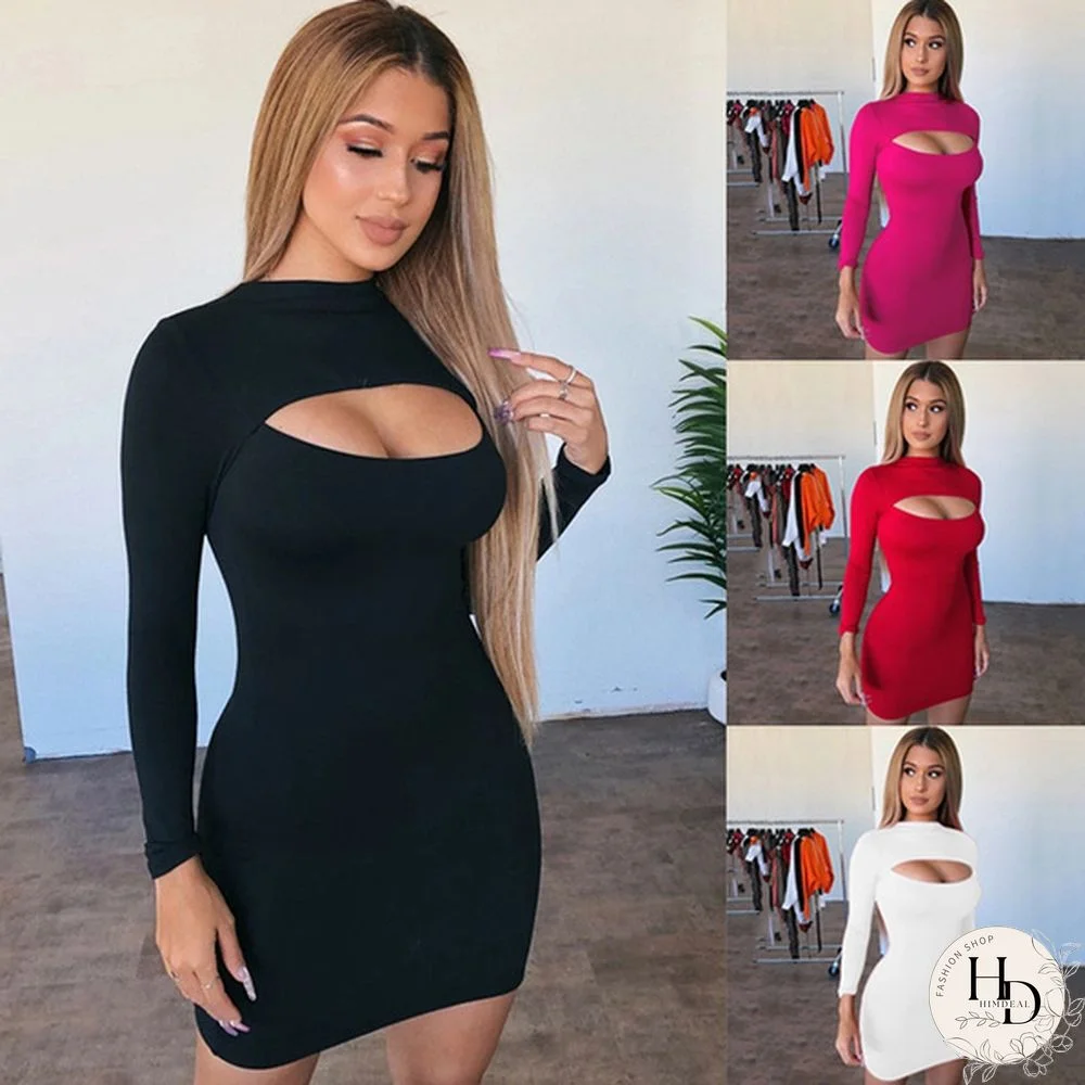 Solid Women O-neck Long Sleeve Sexy Hollow-out Nightclub Dress Mini Package Hip Dress Vestidos