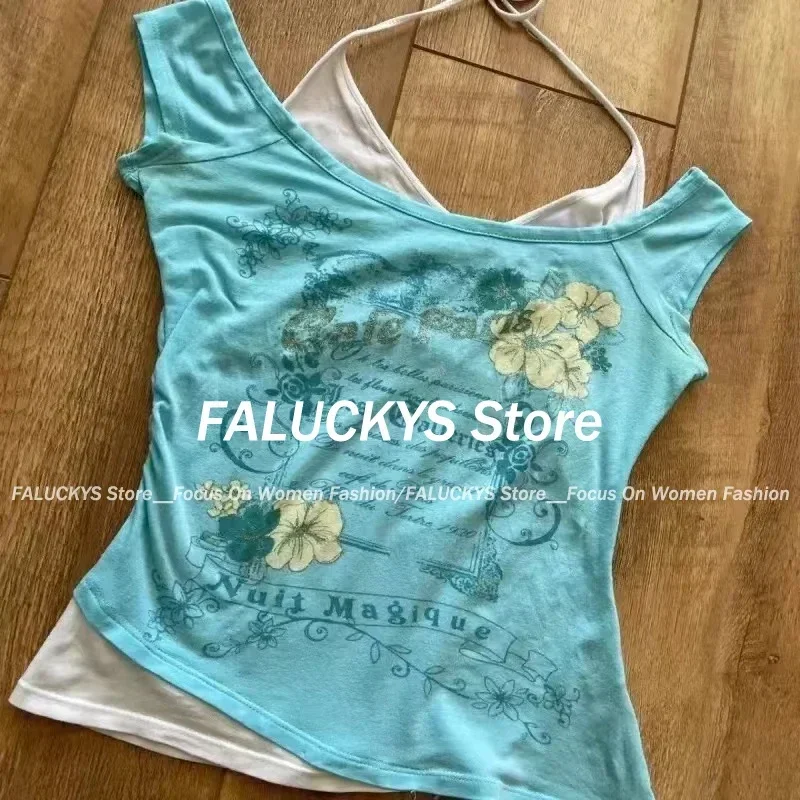 Aonga Summer Retro Purple Halter Fake Two Piece Print T-Shirt Women Y2K Streetwear Hot Girl Slim Fit Harajuku Fashion Casual Tops New aonga