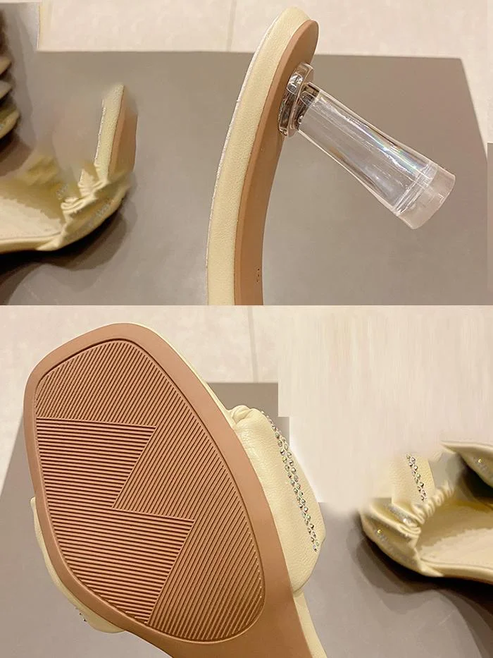 One word with rhinestones high-heel square-toe thick-heel slippers