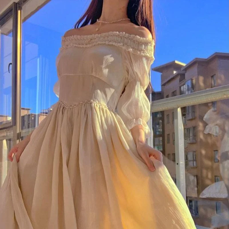 Y2K Beige A-Line Lace Elegant Fairy Princess Dress BE539