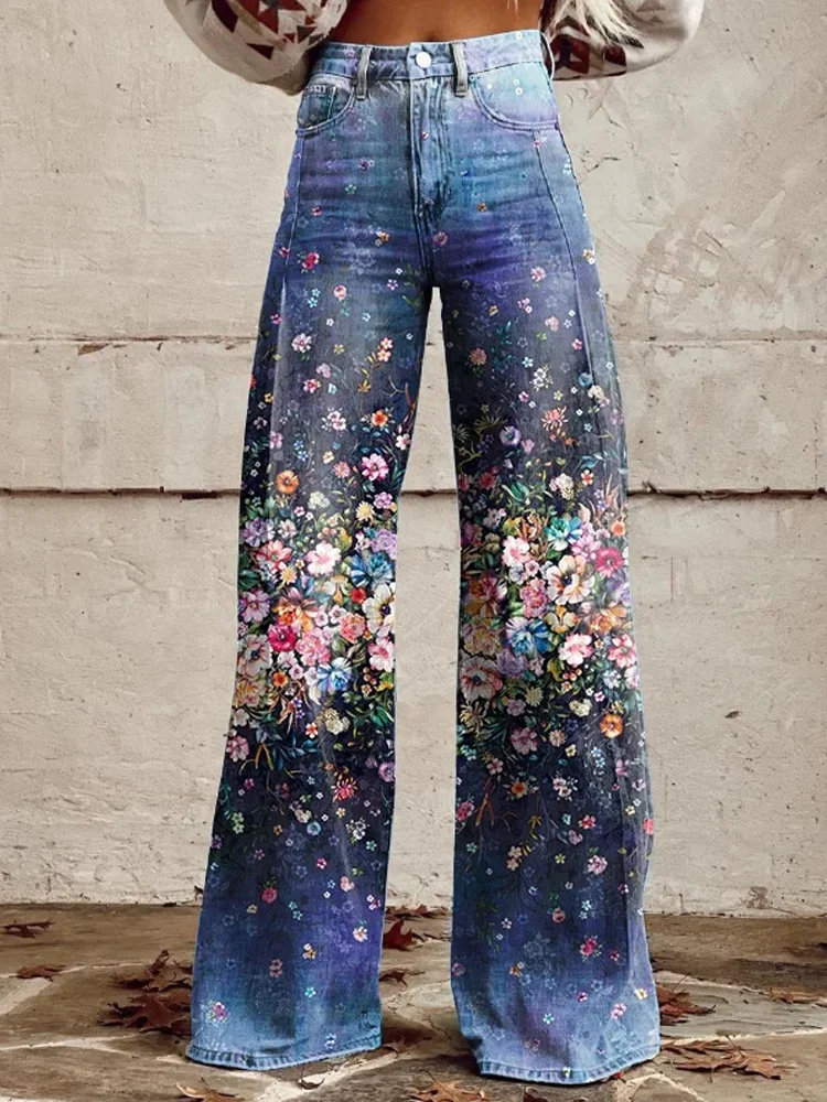 Women's Vintage Botanical Floral Wide Leg Pants