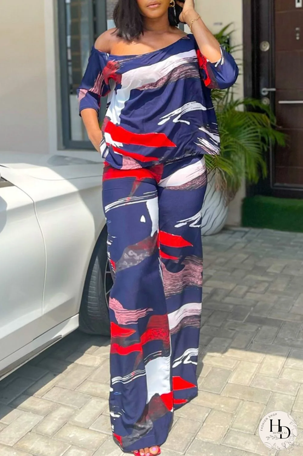 Tibetan Blue Casual Daily Print Three Quarter Two Pieces