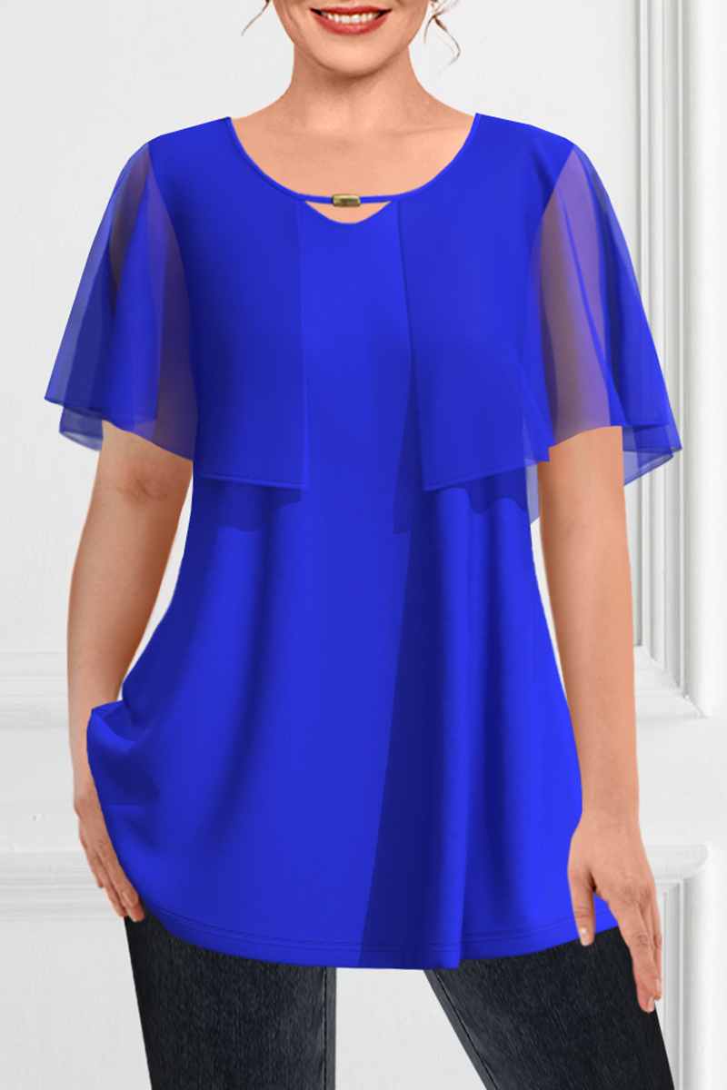 Flycurvy Plus Size Dressy Royal Blue Chiffon Flutter Sleeve Double Layer Cut Out Layered Blouse 2024 - Flycurvy 