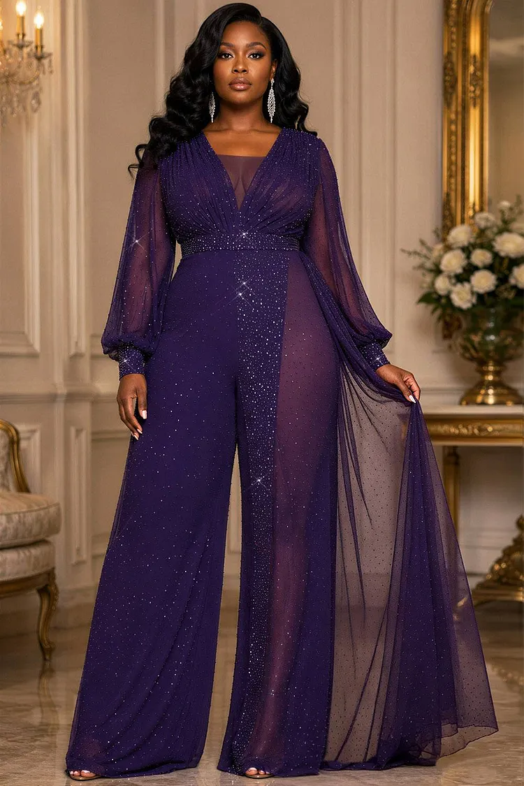 Xpluswear Design Plus Size Cocktail Party Purple V Neck Long Sleeve See Through With&nbsp;Skirt&nbsp;Overlay Jumpsuits [Pre-Order] 2024 - Xpluswear