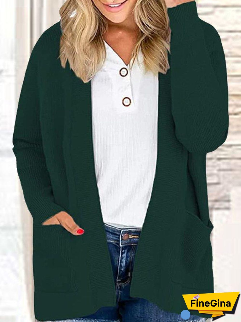 Pockets Acrylic Collarless Sweater