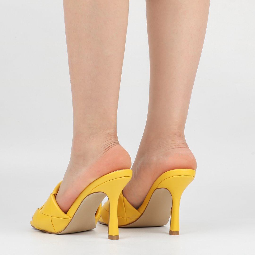 90mm Women's Square Open Toe Sandals Stiletto Heeled Woven Mule Sandals Quilted Backless Classic Daily Slippers-vocosishoes