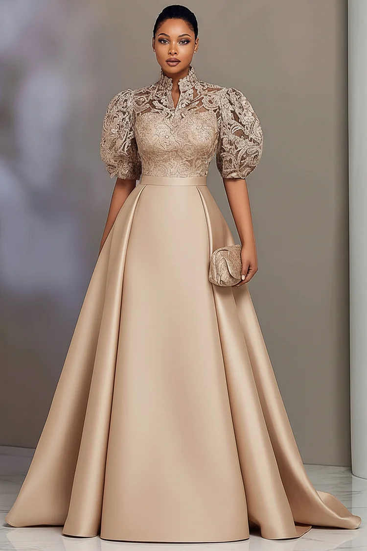 Xpluswear Design Plus Size Formal Satin Champagne Stand-Up Collar Puff Sleeve Short Sleeve Pleated Contrast Lace Maxi Dresses [Pre-Order]