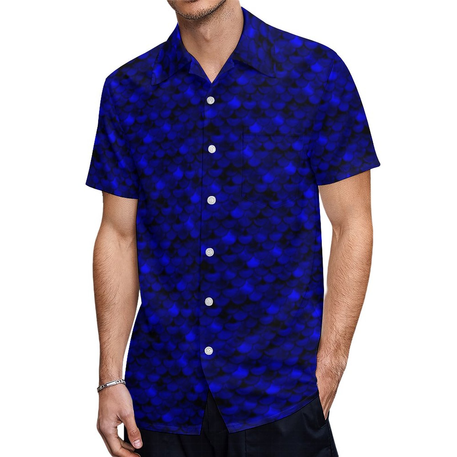 Falln Dark Blue Mermaid Scales Hawaiian Shirt Mens Button Down Plus Size Tropical Hawaii Beach Shirts