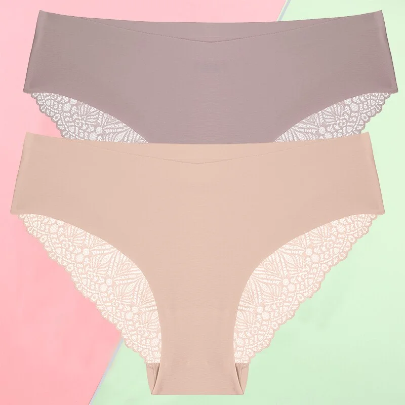 FINETOO 2PCS/Set S-XL Sexy Women Seamless Lace Pantys 6 Solid Colors Breathable Panties Lace Underwear For Girls Thong Lingerie