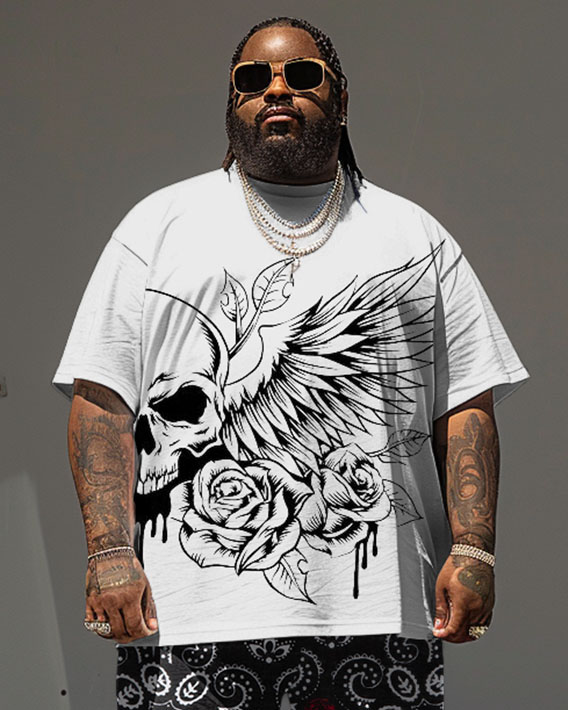 Men's Plus Size Street Hip Hop Rose Wings Skull Print T-Shirt Shorts Suit