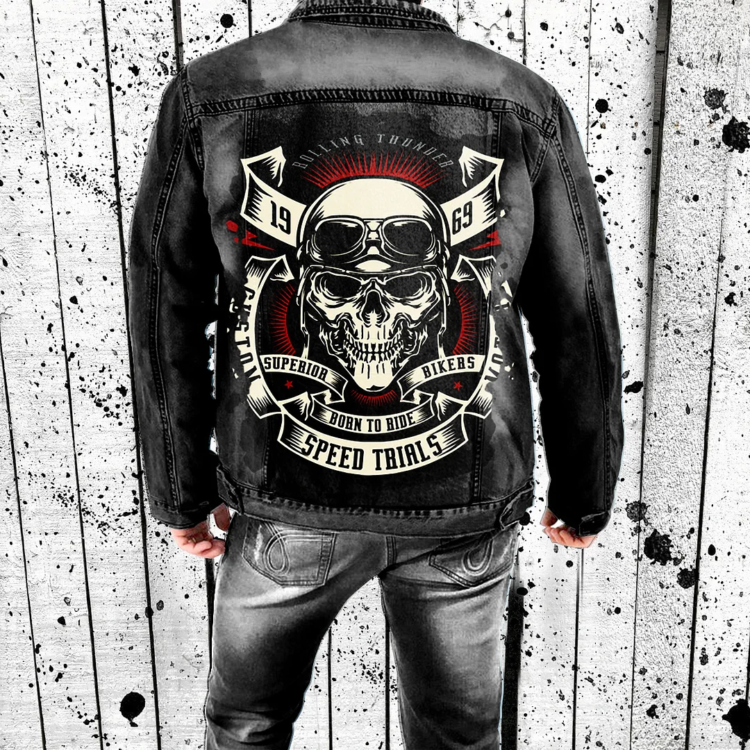 SUPERIOR BIKERS SPEED TRIALS Helmet Skull Print Men's Denim Jacket
