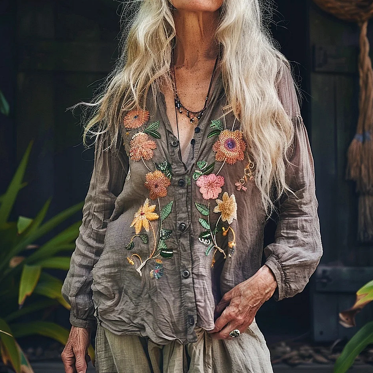 Lunivibe Bohemian Style Linen Floral Art Print Long Sleeve Loose Shirt