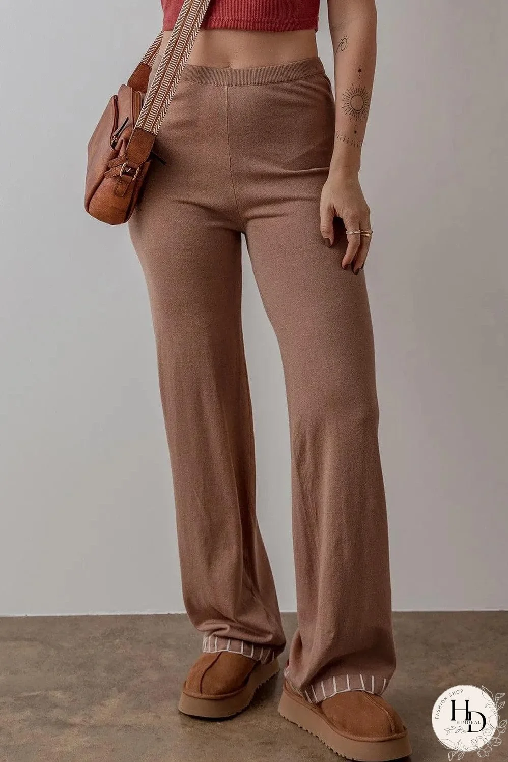 Straw Yellow High Waist Straight Leg Knitted Pants