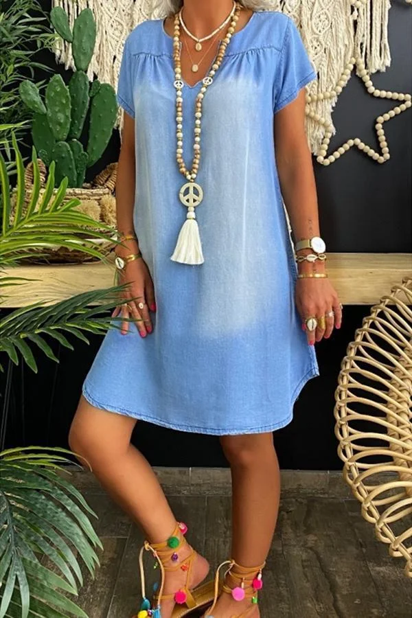 Womens Retro Casual Denim Gradient Dress-Allyzone-Allyzone