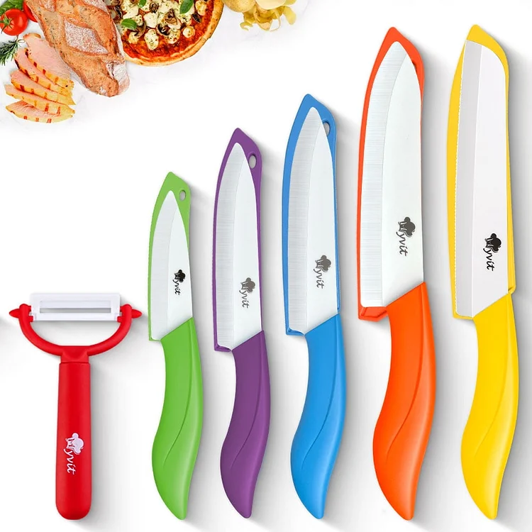 Ceramic Knives Set Kitchen Knife 6PCS Fruit Paring Knifes with One Peeler for Lettuce Vegetable and Meat,3" Paring Knife, 4" Fruit Knife, 5" Utility Knife, 6" Chef Knife,6" Bread Knife