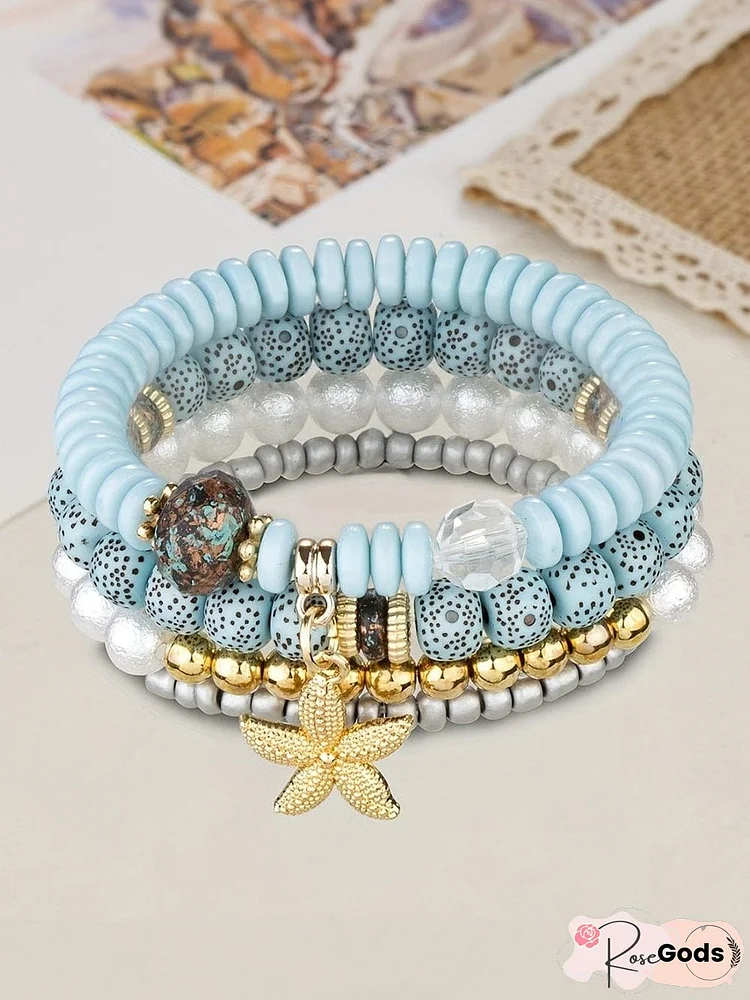 Starfish Paradise Beaded Bracelet Set with Light Blue Accents