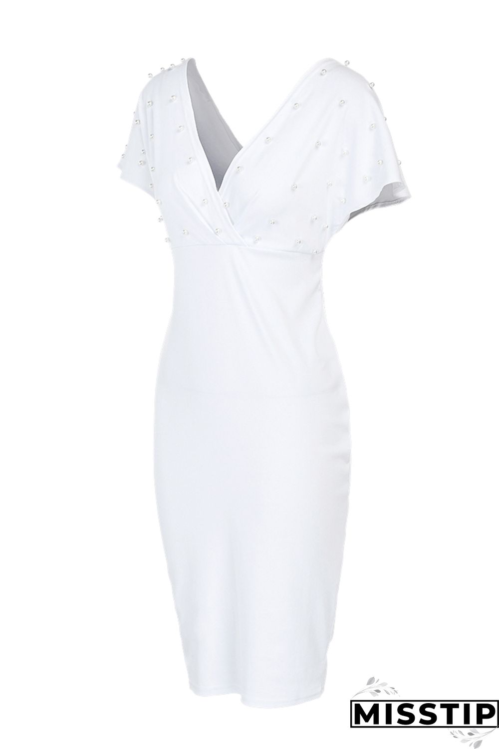 Light Blue Fashion Solid Beading V Neck Short Sleeve Dress