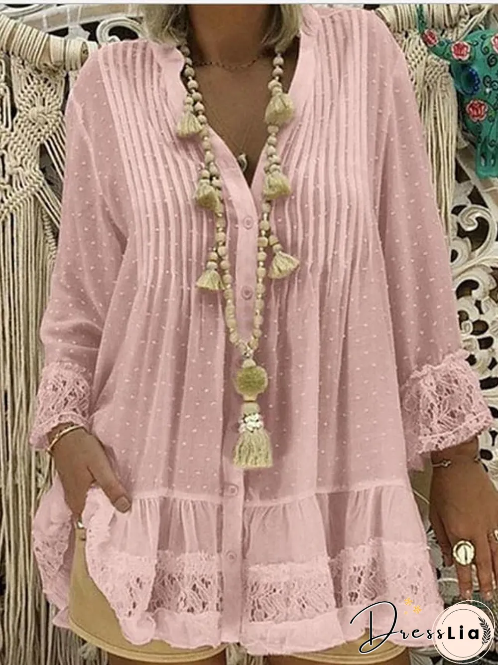 Women's Plus Size Blouse Shirt Solid Colored Long Sleeve Lace Pleated V Neck Tops Loose Basic Top White Blushing Pink Khaki-817