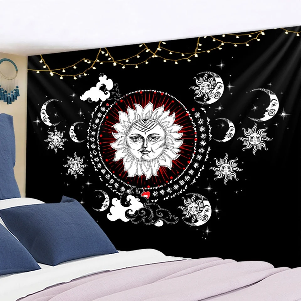 Tarot Card Mandala Tapestry White Black Sun And Moon Tapestry Wall Hanging Hippie Wall Rugs Dorm Decor Blanket