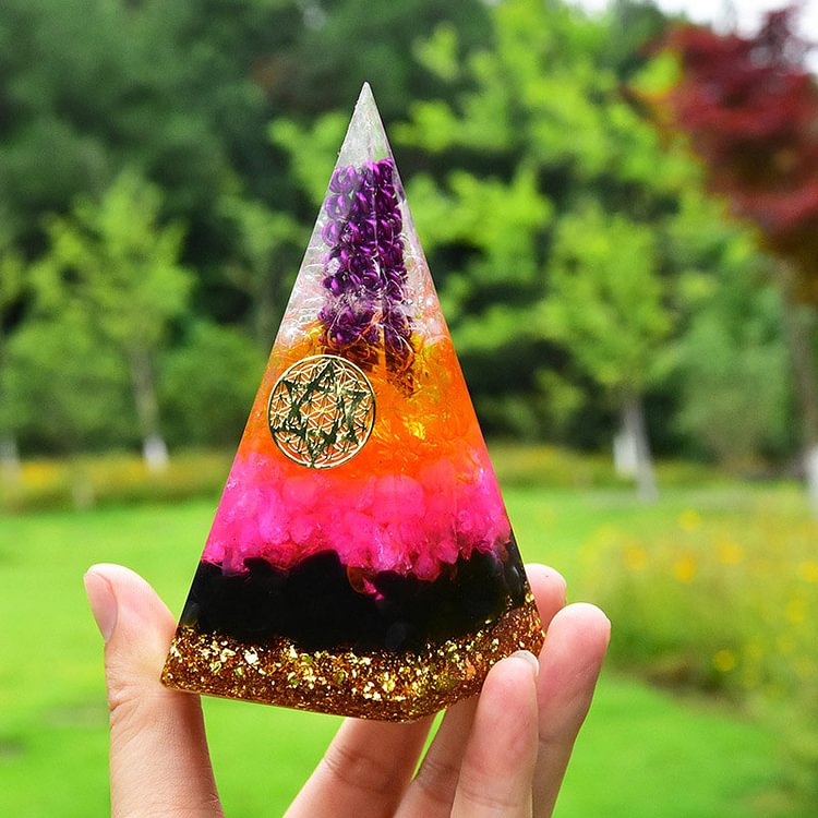 Obsidian Pink Crystal with Sun Stone Healing Orgone Pyramid