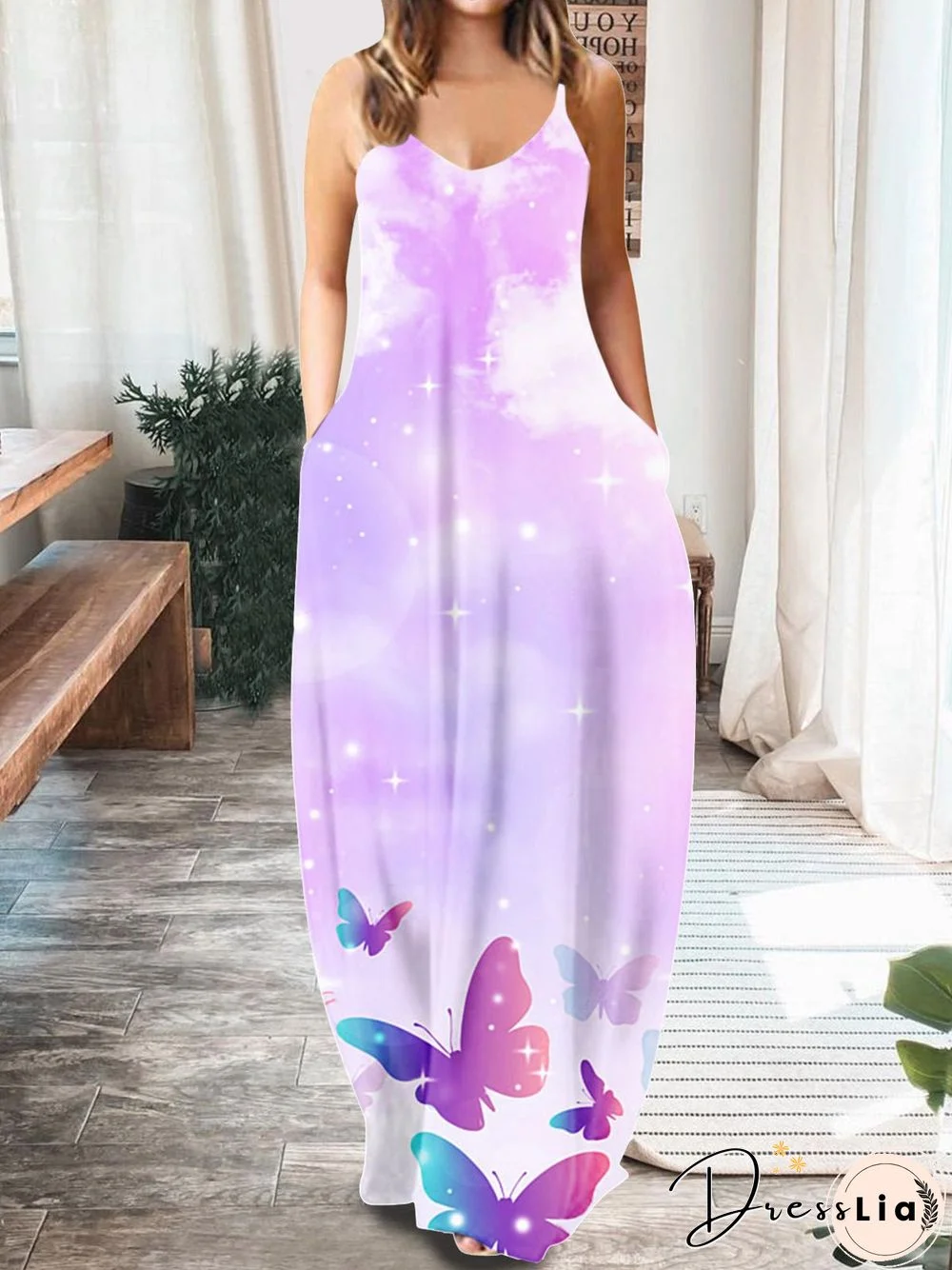 Women'S Dresses Printed V-Neck Sling Pocket Sleeveless Dress