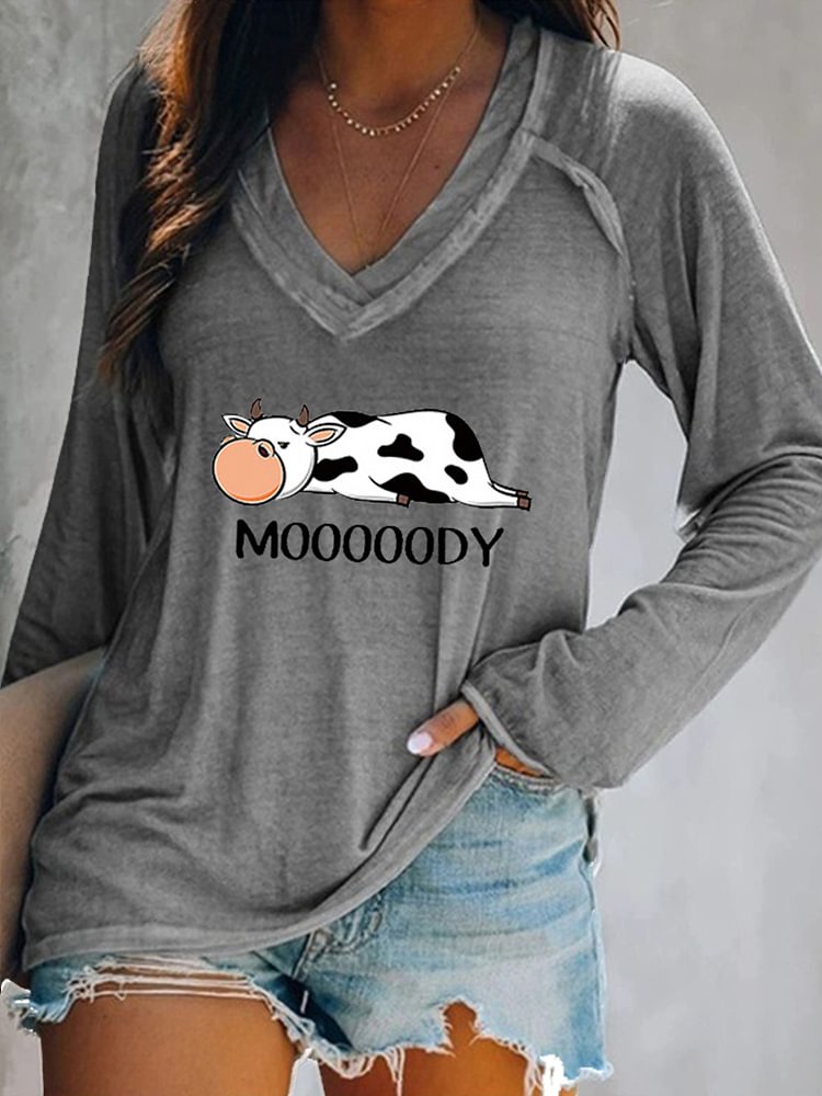 Artwishers Moody Cow Print V Neck T Shirt