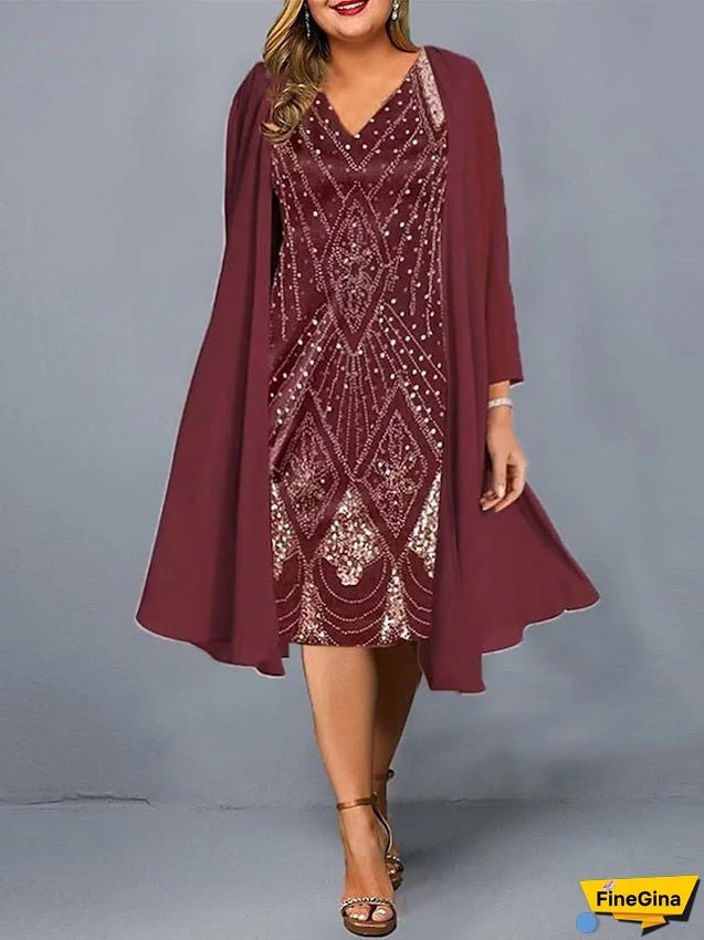 Women‘s Plus Size Curve Casual Dress Dress Set Two Piece Dress Floral Geometric Midi Dress Long Sleeve Print V Neck Fashion Daily Black Wine Spring Summer L XL XXL 3XL