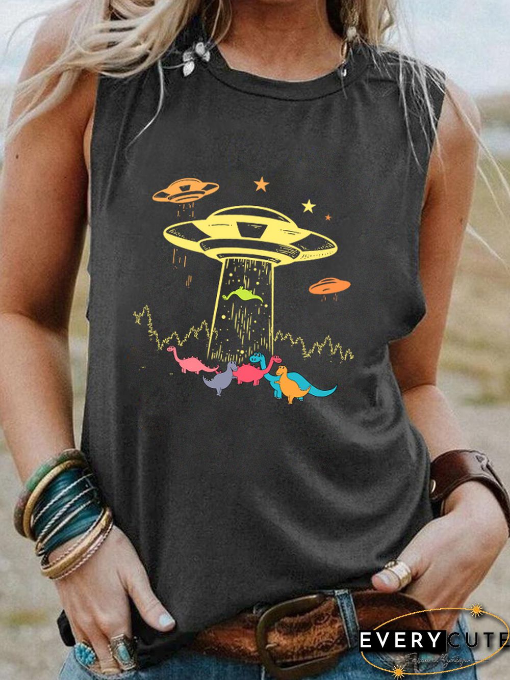 Ufo Dinosaurs Colored Tank Top Harajuku Kawaii Style Dinosaurs Sleevele Tee Women Casual 90S Aesthetic Vintage Top