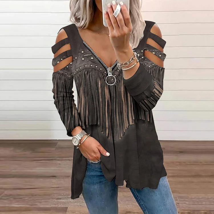 Comstylish Western Fringed Print Off-The-Shoulder Long Sleeved T-Shirt