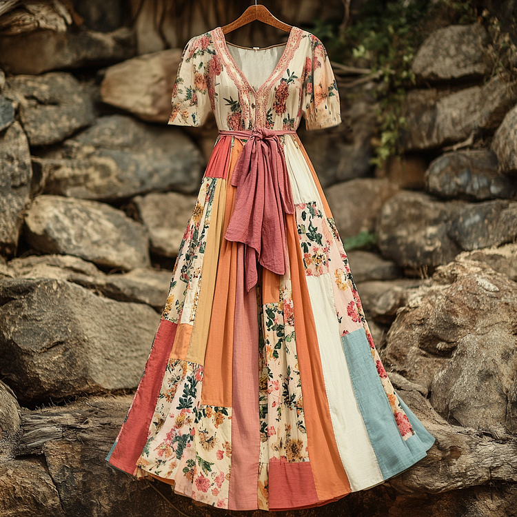 Simpfit Damen Vintage Blumen Patchwork Kurzarmkleid