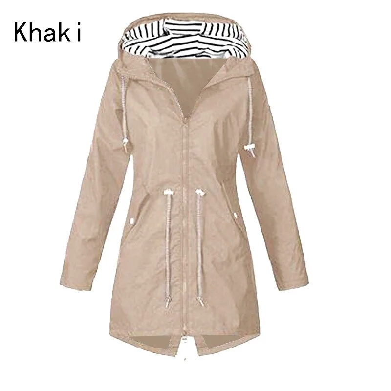 2021 Women's Long Windproof Hooded Coats Autumn Winter Trench Casual Fashion Outdoor Raincoat Waterproof Solid Camping Jackets