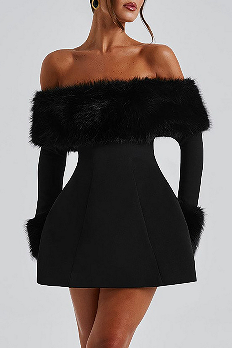 Faux Fur Patchwork Off Shoulder Long Sleeve A-Line Mini Dresses-Black