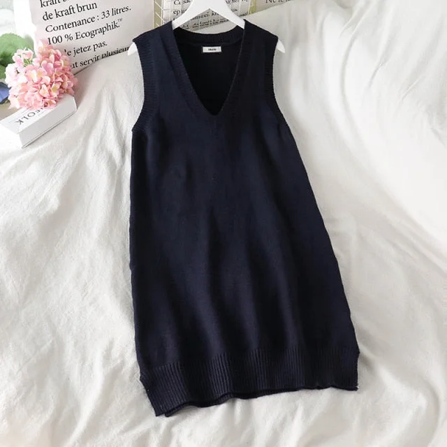 S-3XL Korean Plus Size Shirt+Knitted Long Vest Two-Piece Dress Set SP16957