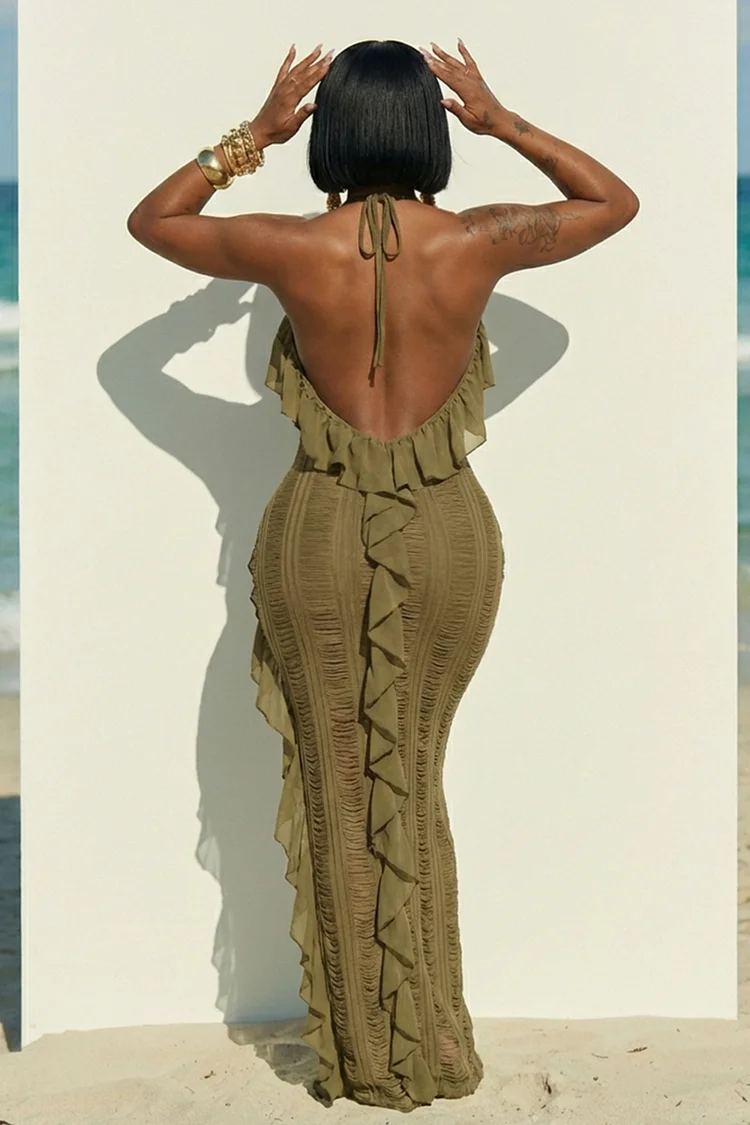 Halter Backless Ruffle Trim Slit Slim Fit Maxi Dresses-Green [Pre Order]