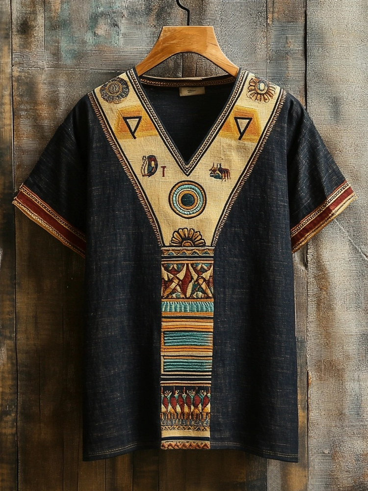 Ancient Egyptian Inspired Patchwork Linen Shirt