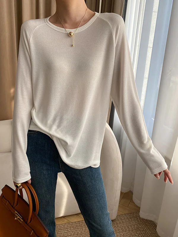 Long Sleeves Roomy Pure Color Round-Neck T-Shirts Tops