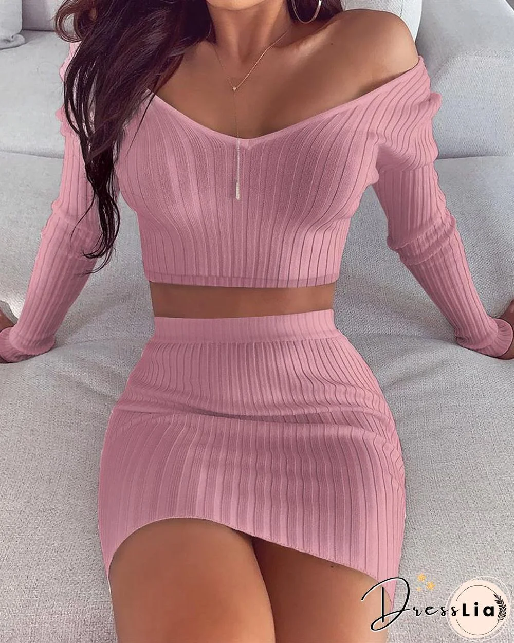 Solid Ribbed Crop Top & Skirt Sets