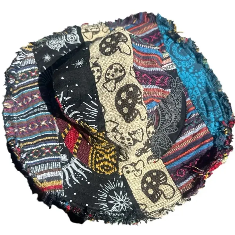 🍄Patchwork Multicolored Mushroom Hemp Hat with Hidden Pocket Fedorahats🎩