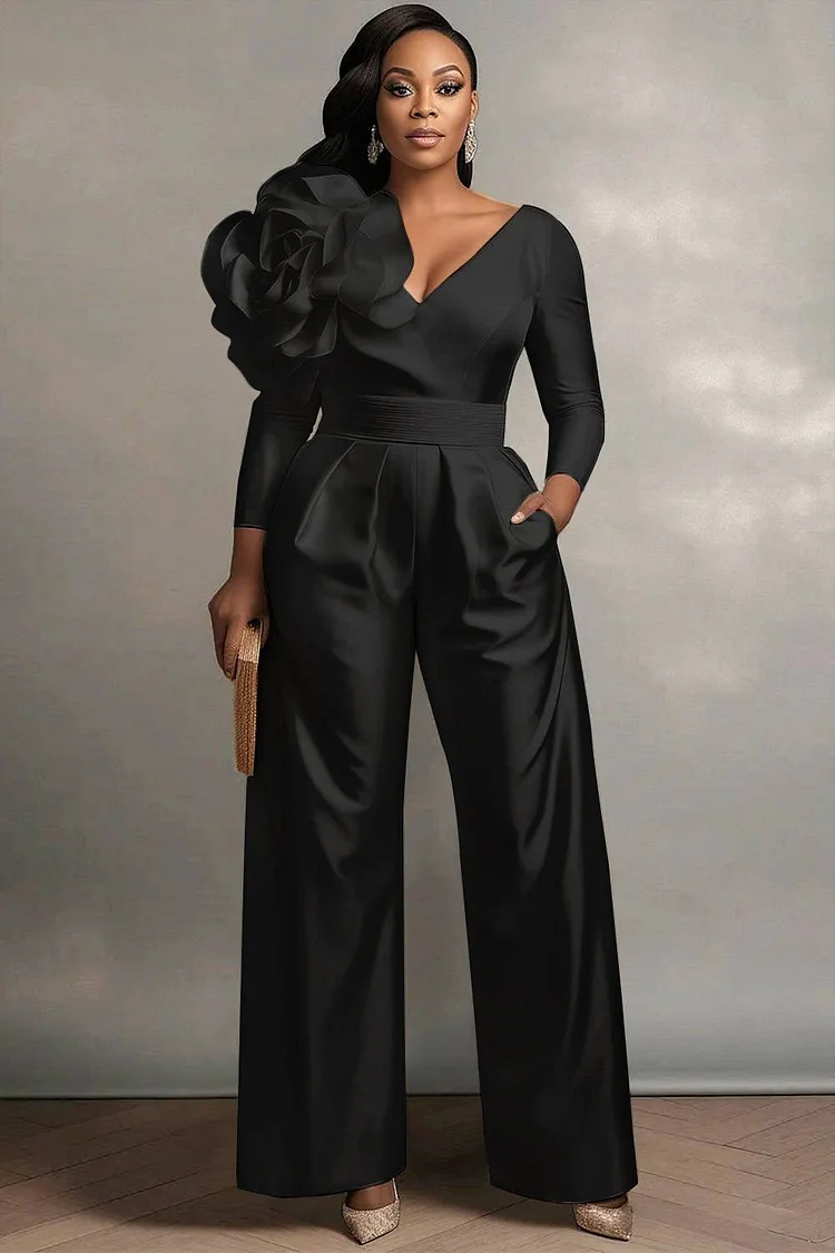 Xpluswear Design Plus Size Wedding Black Elegant V Neck Long Sleeve Pocket 3D Satin Jumpsuits [Pre-Order] 2024 - Xpluswear