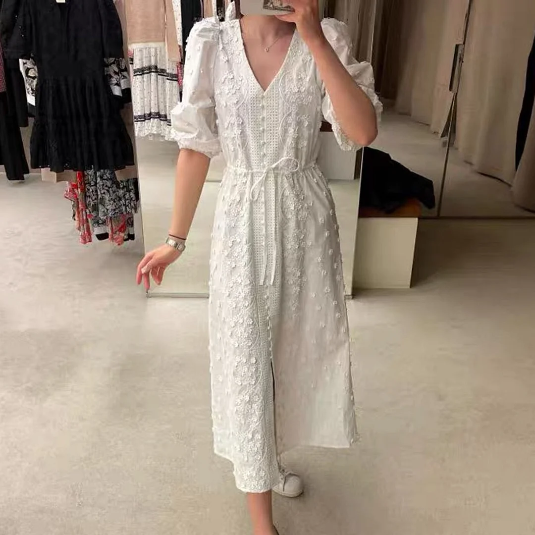 Jastie 2023 Autumn French White Maxi Dress Applique Embroidery Puff Sleeve V-Neck Dresses for Women Elegant Long Dress