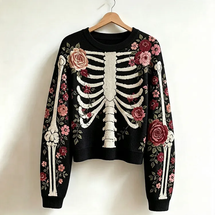 Women's Vintage Skeleton And Rose Art Cozy Sweater