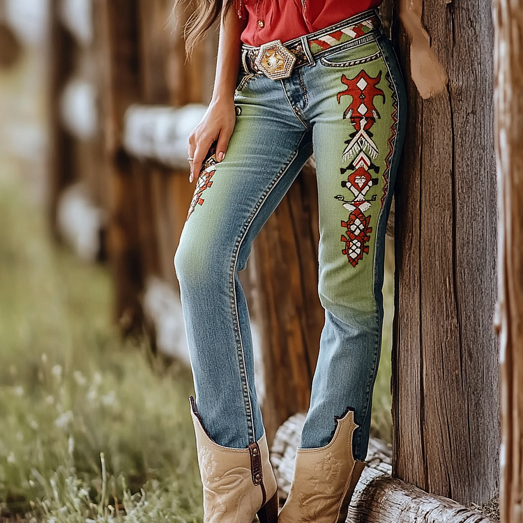 Western Vintage Style Faux Denim Aztec Print Women's Casual Pants