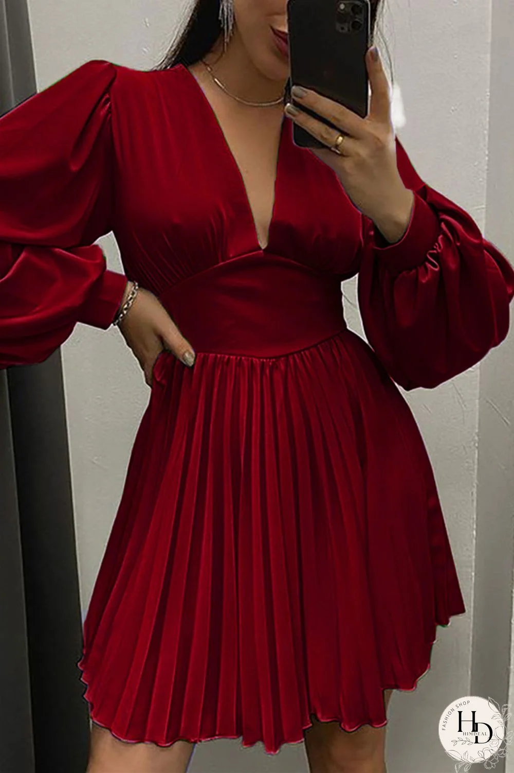 Burgundy Casual Solid Patchwork Fold V Neck Pleated Dresses