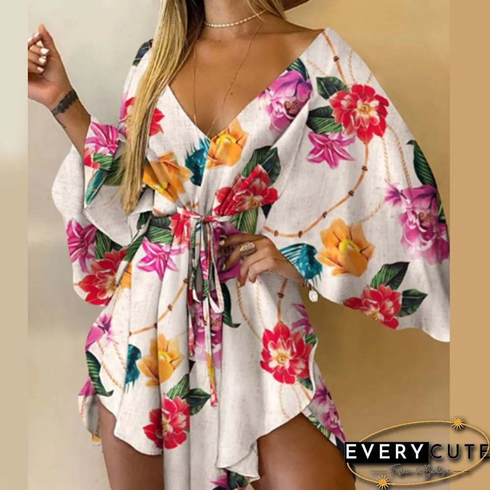 Casual Leaf Leopard Print Harajuku Batwing Sleeve Dress Lady Elegant Lace-Up Irregular