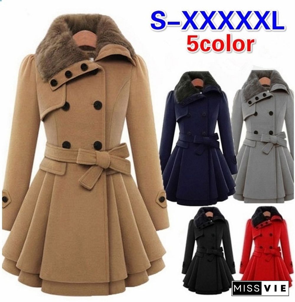 Winter Coat Womens Wool Blend Jacket Warm Lady Fur Collar Peacoat Woolen Jackets Plus Size