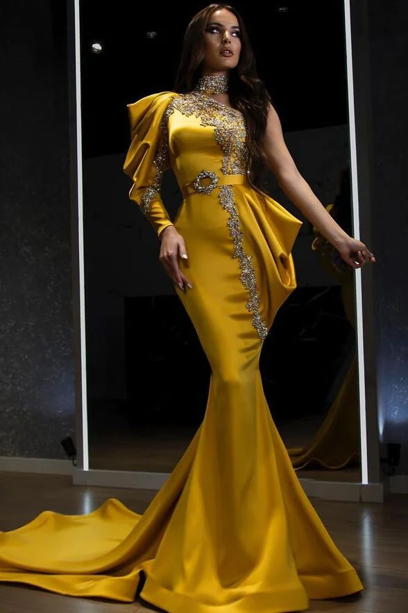 Mustard Yellow High Neck One Shoulder Single Long Sleeves Long Mermaid Prom Dress Pleated | ED0350 Wellcucu