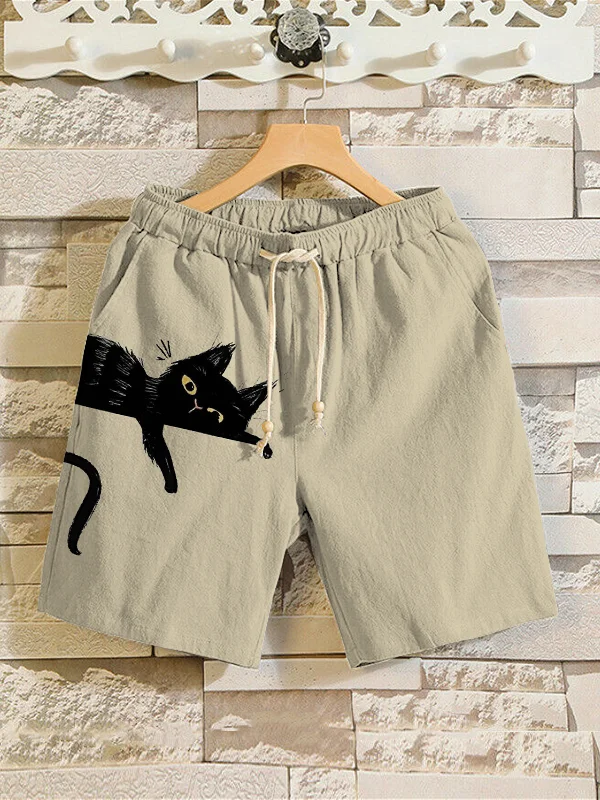 Men's Cat Lying On Pants Art Print Linen Blend Shorts